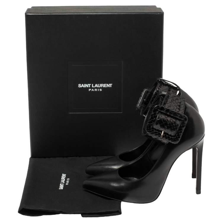 Pre Owned Saint Laurent Black Leather And Python Ankle Cuff Pointed Toe Pumps Size 36