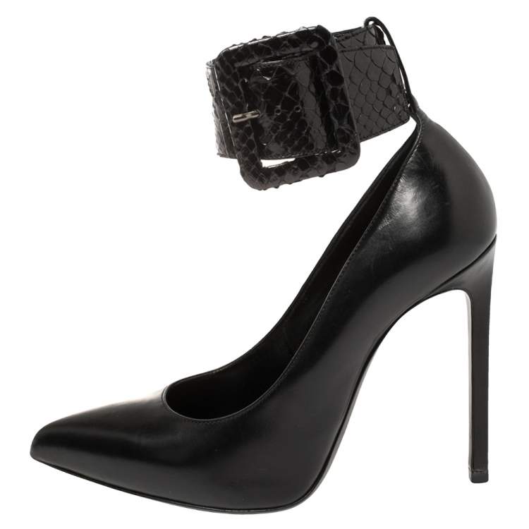 Pre Owned Saint Laurent Black Leather And Python Ankle Cuff Pointed Toe Pumps Size 36
