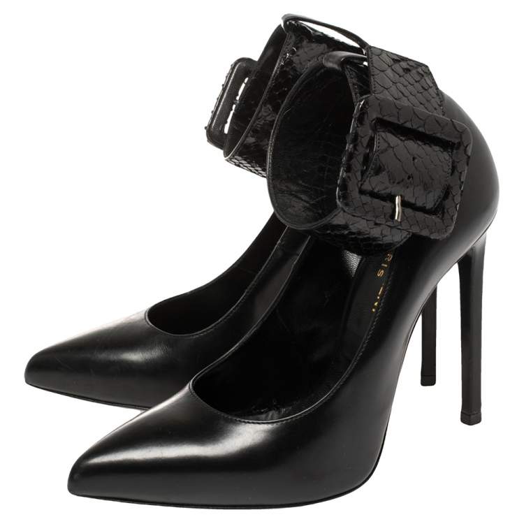 Pre Owned Saint Laurent Black Leather And Python Ankle Cuff Pointed Toe Pumps Size 36