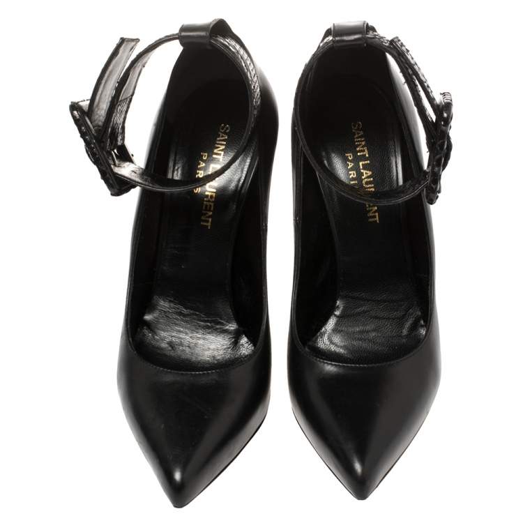 Pre Owned Saint Laurent Black Leather And Python Ankle Cuff Pointed Toe Pumps Size 36