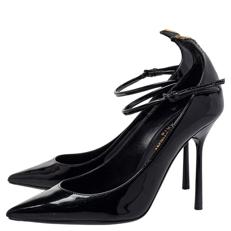 Pre Owned Saint Laurent Black Patent Leather Ankle Strap Pumps Size 35