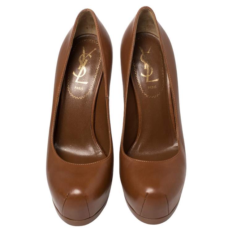Pre Owned Saint Laurent Brown Leather Tribtoo Platform Pumps Size 36