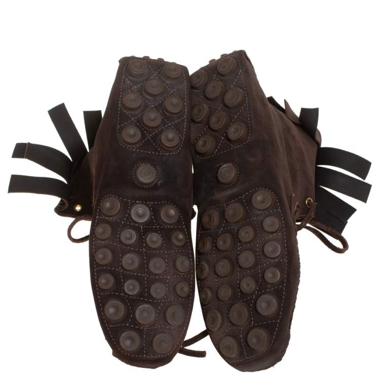 Pre Owned Saint Laurent Dark Brown Suede Fringe Lace Ankle Boots Size 40.5 