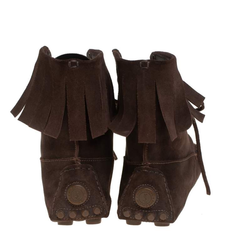 Pre Owned Saint Laurent Dark Brown Suede Fringe Lace Ankle Boots Size 40.5 