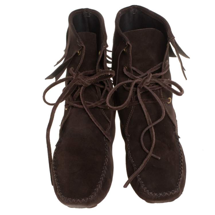 Pre Owned Saint Laurent Dark Brown Suede Fringe Lace Ankle Boots Size 40.5 
