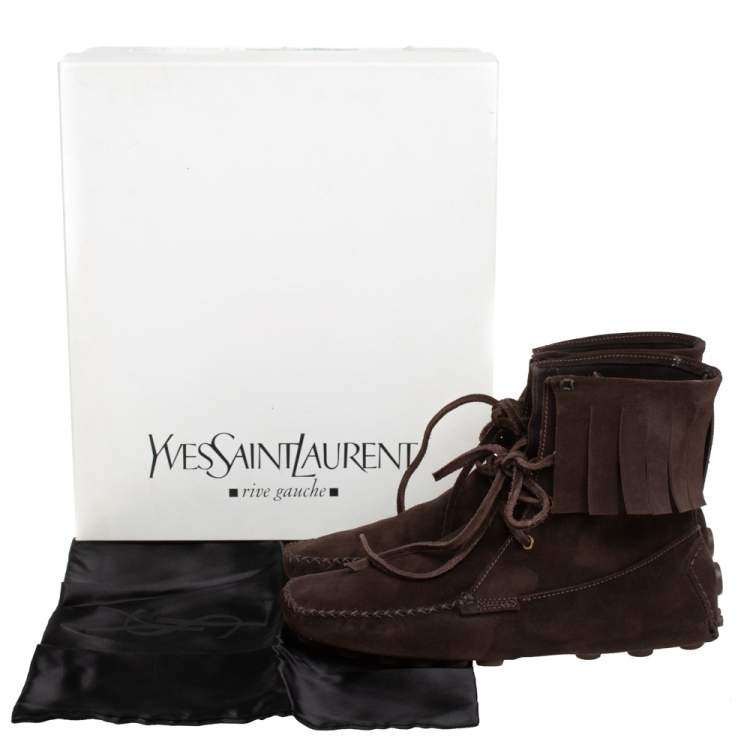 Pre Owned Saint Laurent Dark Brown Suede Fringe Lace Ankle Boots Size 40.5 