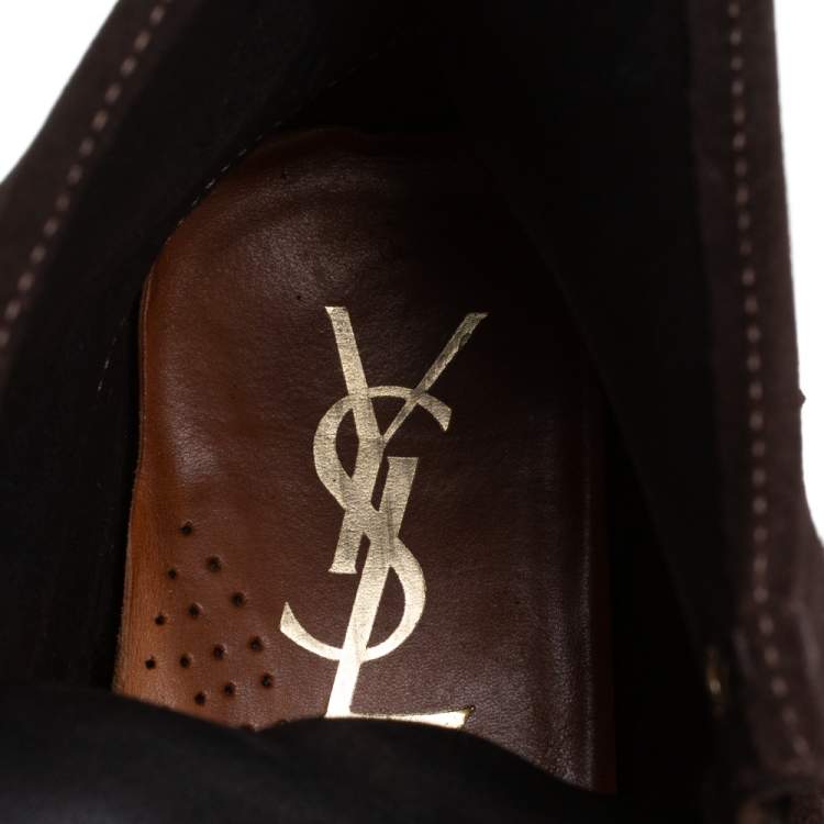 Pre Owned Saint Laurent Dark Brown Suede Fringe Lace Ankle Boots Size 40.5 