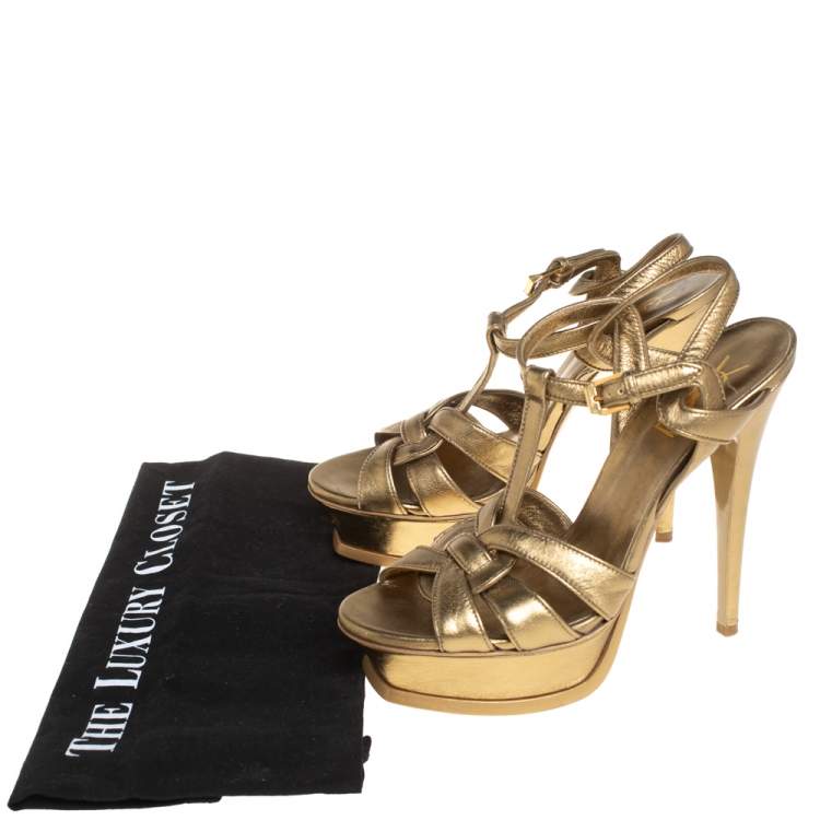 Pre Owned Saint Laurent Gold Leather Tribute Platform Sandals Size 38