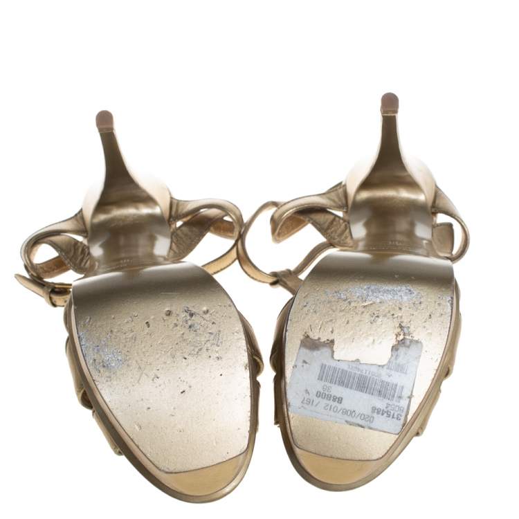 Pre Owned Saint Laurent Gold Leather Tribute Platform Sandals Size 38