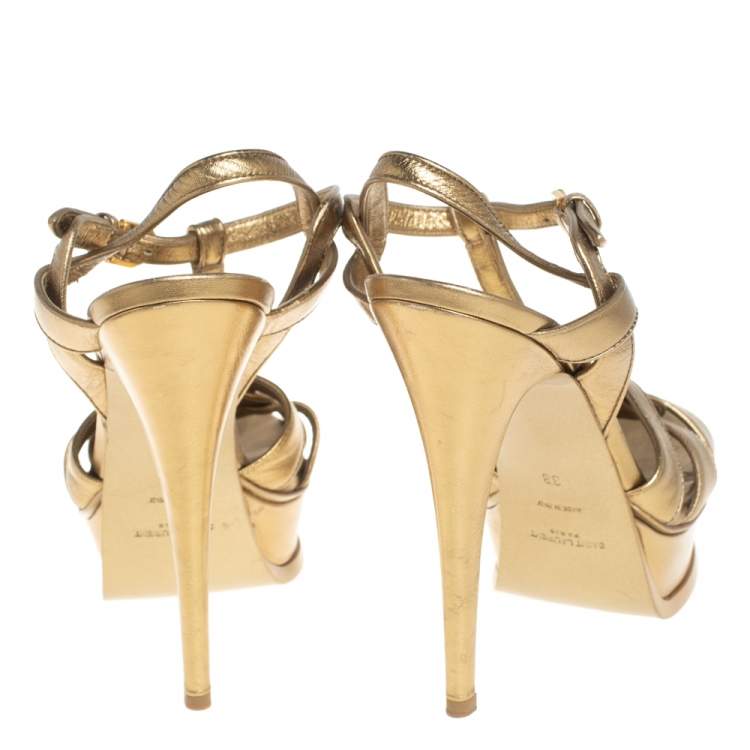 Pre Owned Saint Laurent Gold Leather Tribute Platform Sandals Size 38
