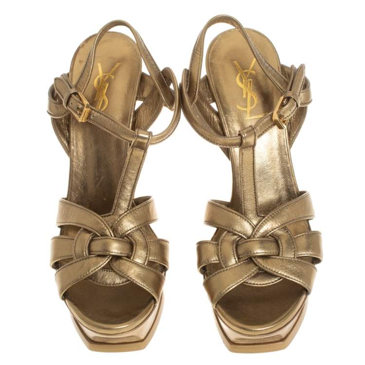 Pre Owned Saint Laurent Gold Leather Tribute Platform Sandals Size 38