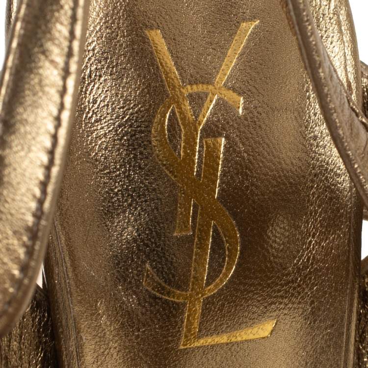 Pre Owned Saint Laurent Gold Leather Tribute Platform Sandals Size 38