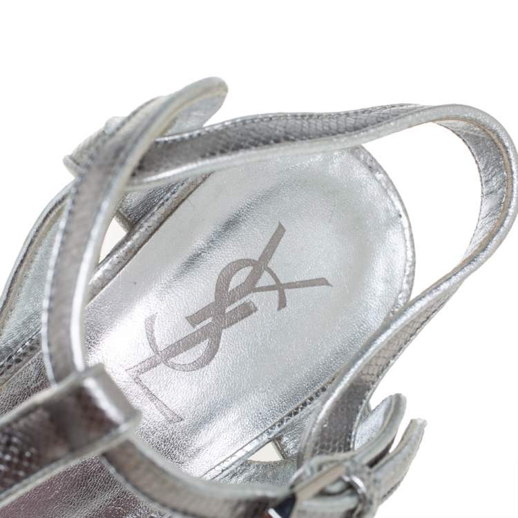 Pre Owned Saint Laurent Silver Lizard Embossed Leather Tribute Platfrom Sandals Size 38