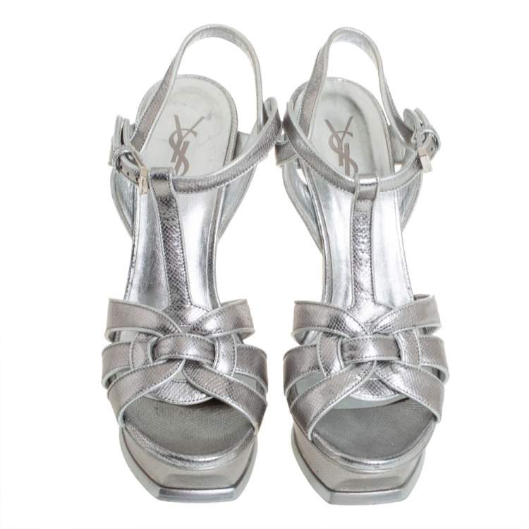 Pre Owned Saint Laurent Silver Lizard Embossed Leather Tribute Platfrom Sandals Size 38