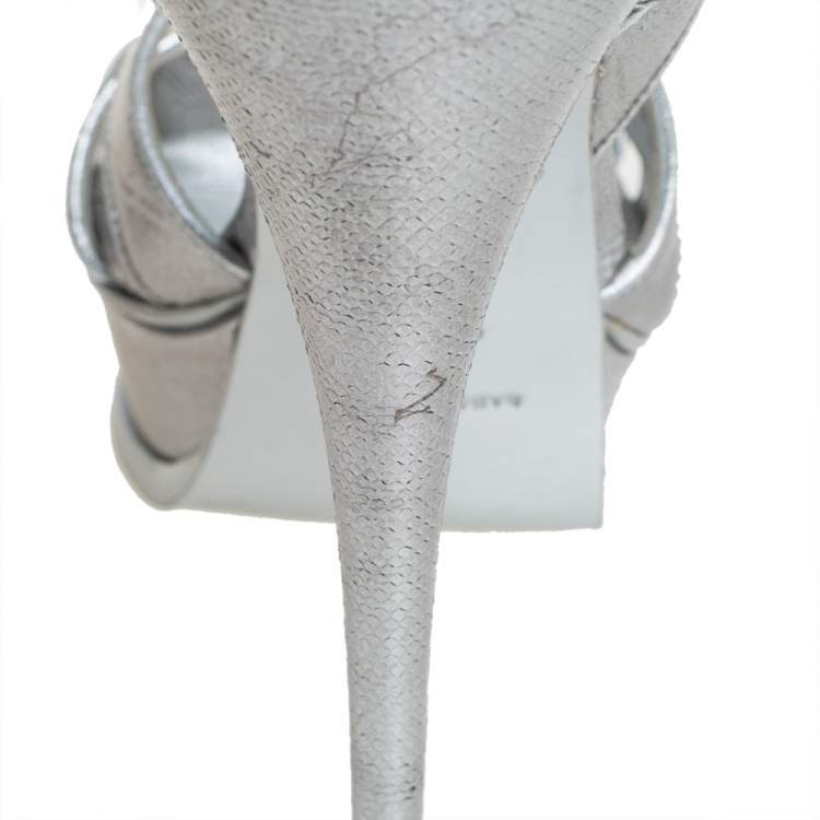 Pre Owned Saint Laurent Silver Lizard Embossed Leather Tribute Platfrom Sandals Size 38
