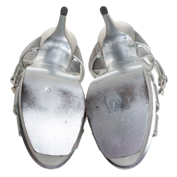 Pre Owned Saint Laurent Silver Lizard Embossed Leather Tribute Platfrom Sandals Size 38