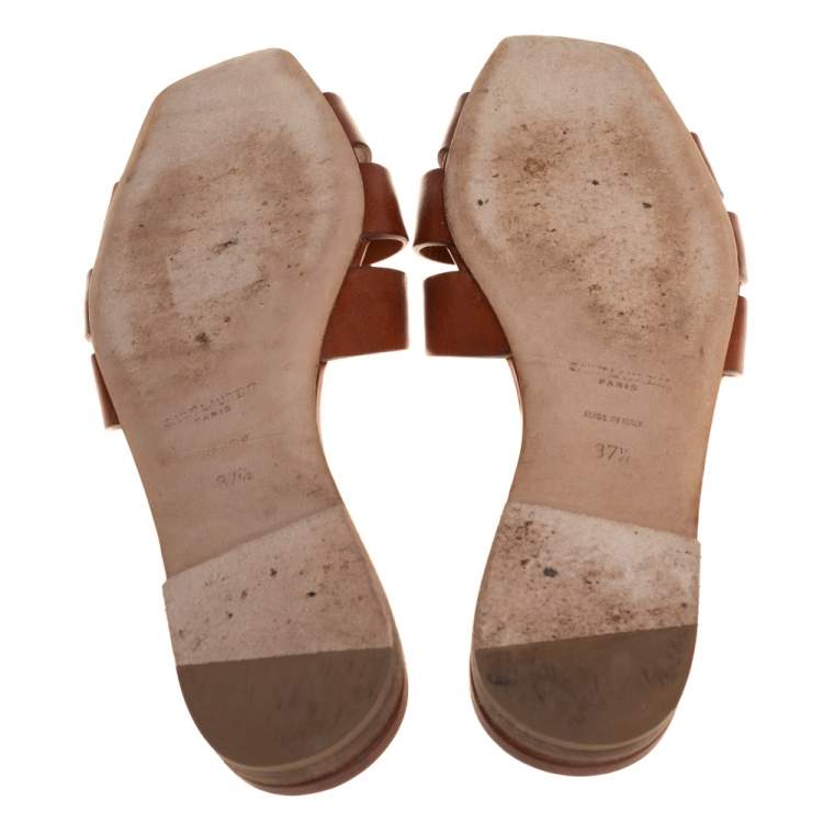 Pre Owned Saint Laurent Brown Leather Tribute Flat Slides Size 37.5 