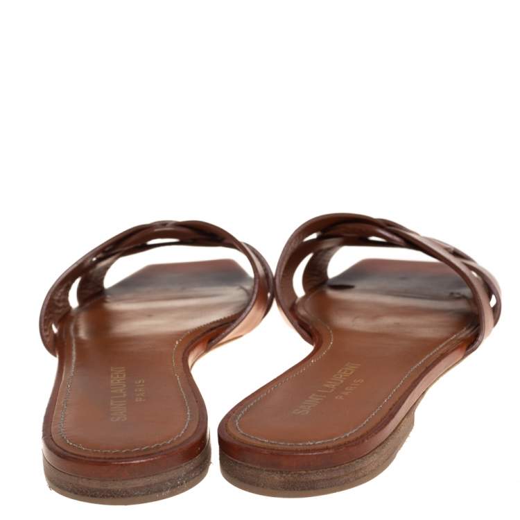 Pre Owned Saint Laurent Brown Leather Tribute Flat Slides Size 37.5 