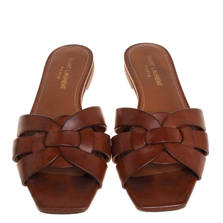 Pre Owned Saint Laurent Brown Leather Tribute Flat Slides Size 37.5 