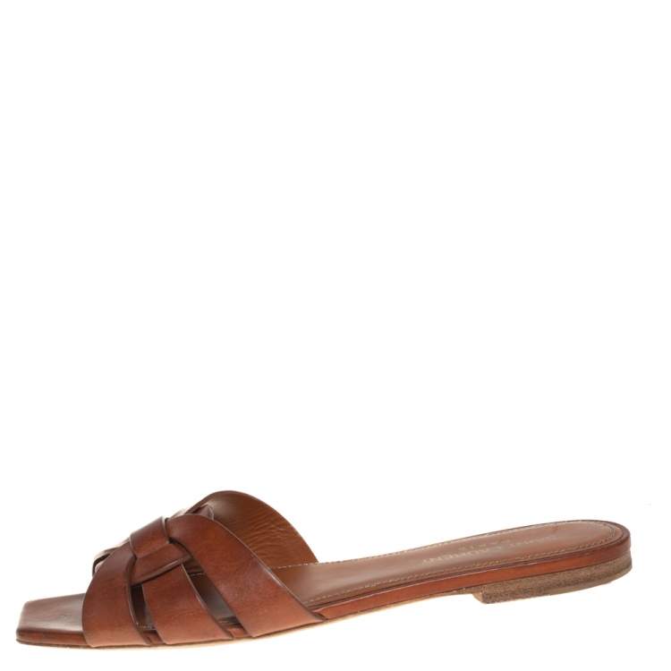 Pre Owned Saint Laurent Brown Leather Tribute Flat Slides Size 37.5 