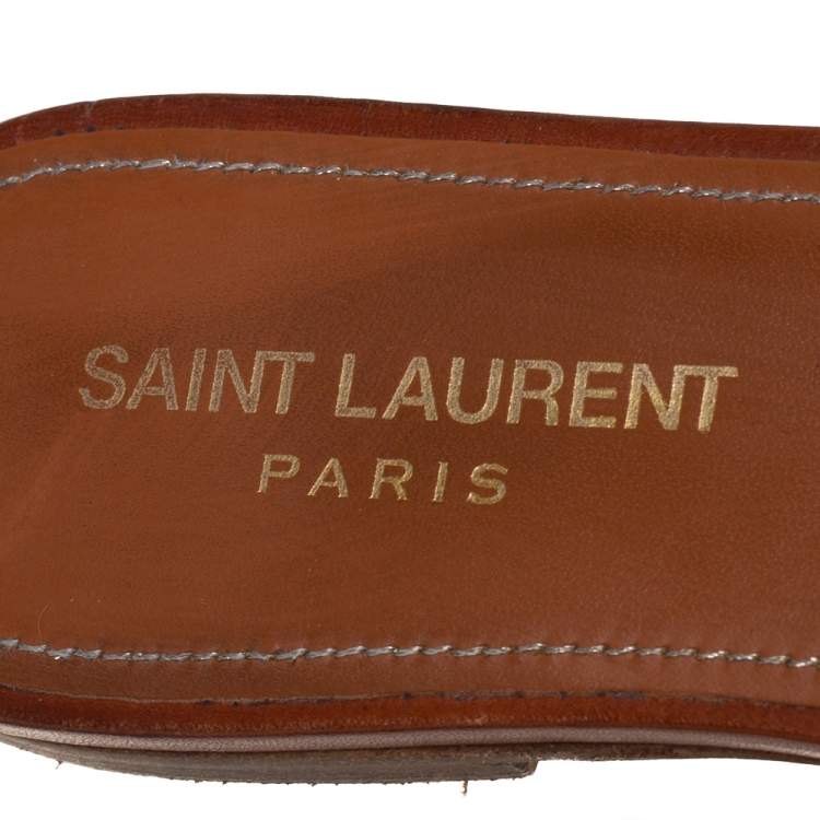 Pre Owned Saint Laurent Brown Leather Tribute Flat Slides Size 37.5 
