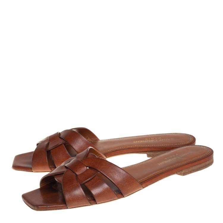 Pre Owned Saint Laurent Brown Leather Tribute Flat Slides Size 37.5 