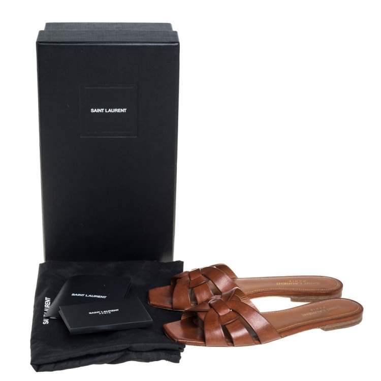 Pre Owned Saint Laurent Brown Leather Tribute Flat Slides Size 37.5 