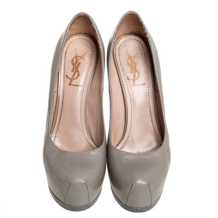 Pre Owned Saint Laurent Grey Leather Tribtoo Platform Pumps Size 37.5