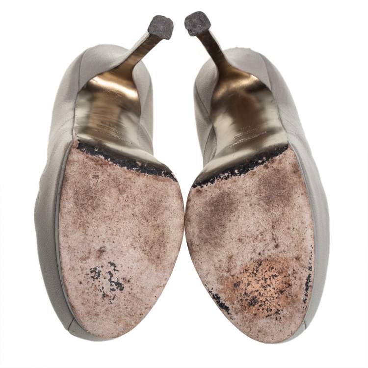 Pre Owned Saint Laurent Grey Leather Tribtoo Platform Pumps Size 37.5