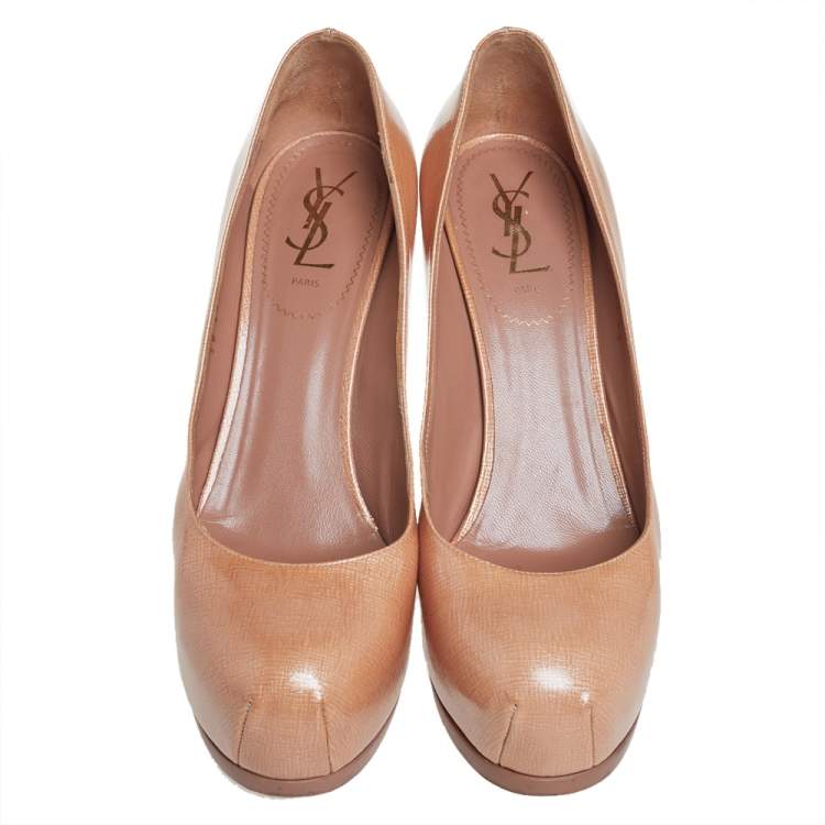 Pre Owned Saint Laurent Beige Patent Leather Tribtoo Platform Pumps Size 40