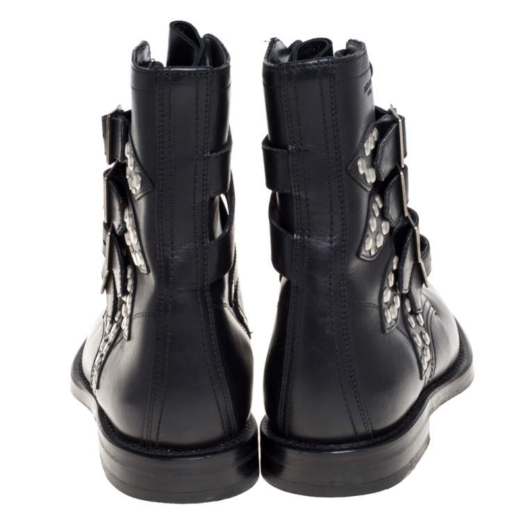 Pre Owned Saint Laurent Black Leather Buckle Detail Ankle Boots Size 38