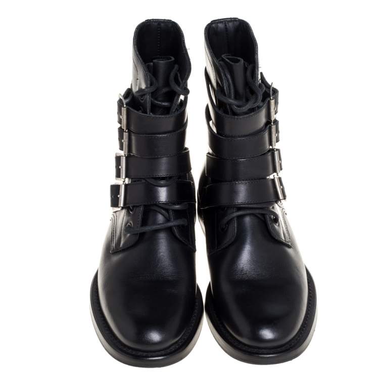 Pre Owned Saint Laurent Black Leather Buckle Detail Ankle Boots Size 38