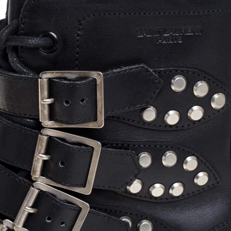 Pre Owned Saint Laurent Black Leather Buckle Detail Ankle Boots Size 38