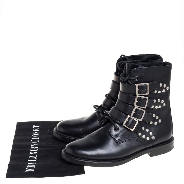 Pre Owned Saint Laurent Black Leather Buckle Detail Ankle Boots Size 38
