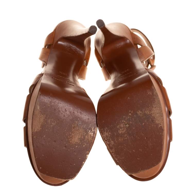 Pre Owned Saint Laurent Brown Leather Tribute Platform Ankle Strap Sandals Size 38.5