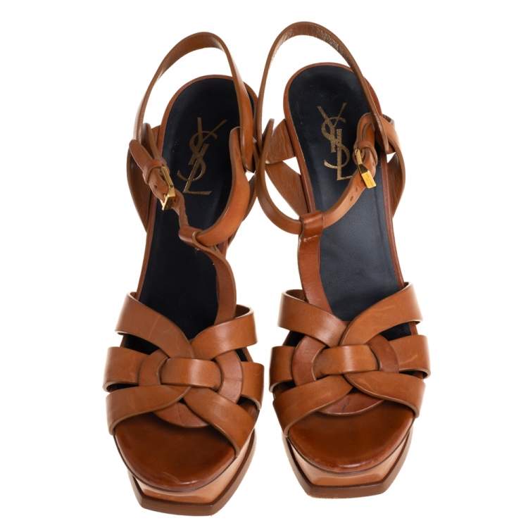 Pre Owned Saint Laurent Brown Leather Tribute Platform Ankle Strap Sandals Size 38.5