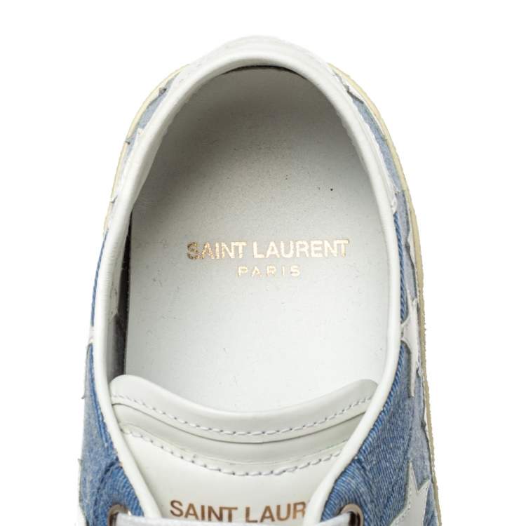 Pre Owned Saint Laurent Blue/White Denim And Leather Court Classic Star Low Top Sneakers Size 38.5