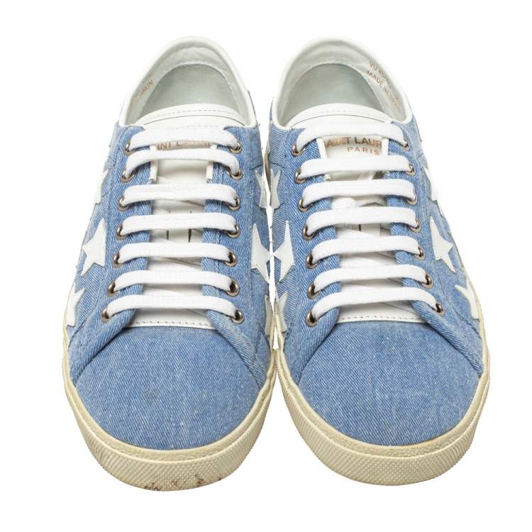 Pre Owned Saint Laurent Blue/White Denim And Leather Court Classic Star Low Top Sneakers Size 38.5