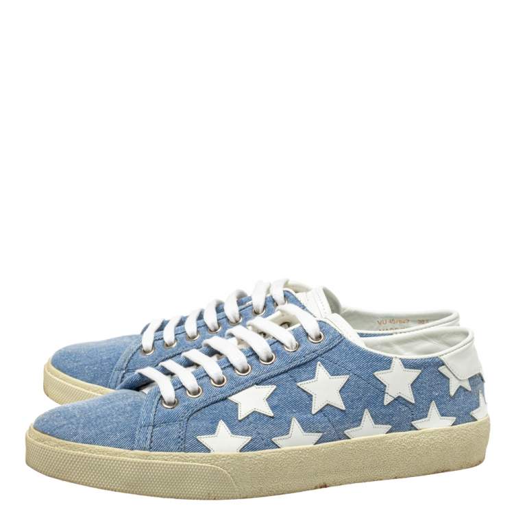 Pre Owned Saint Laurent Blue/White Denim And Leather Court Classic Star Low Top Sneakers Size 38.5