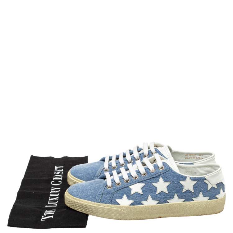 Pre Owned Saint Laurent Blue/White Denim And Leather Court Classic Star Low Top Sneakers Size 38.5