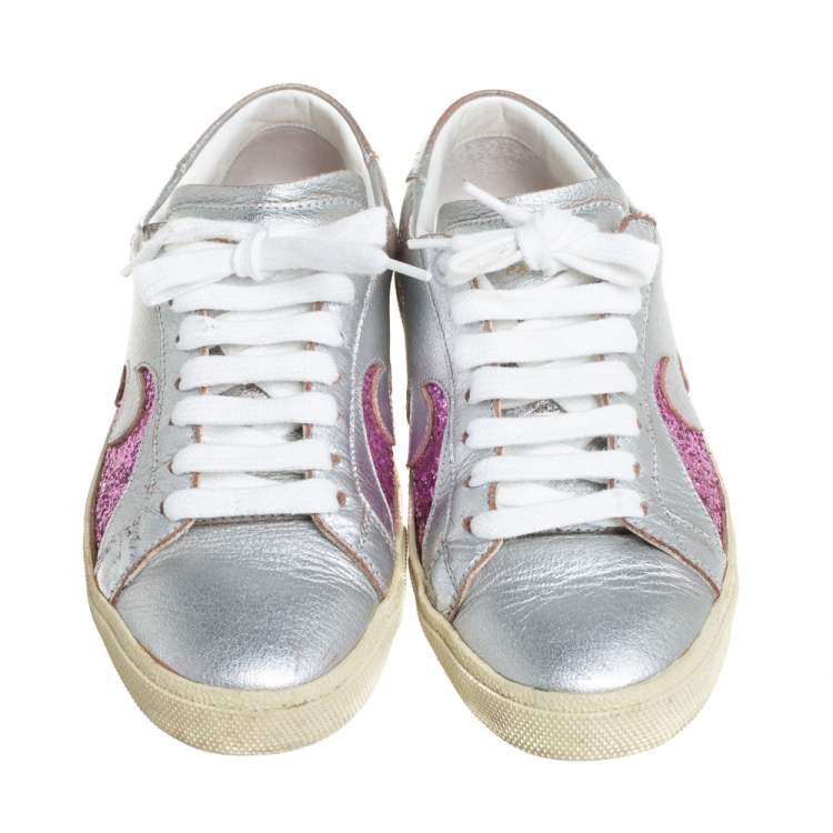 Pre Owned Saint Laurent Metallic Silver/Pink Leather And Glitter Court Sneakers Size 35.5