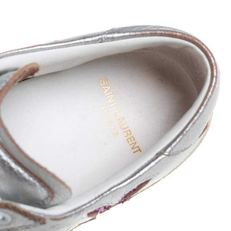 Pre Owned Saint Laurent Metallic Silver/Pink Leather And Glitter Court Sneakers Size 35.5