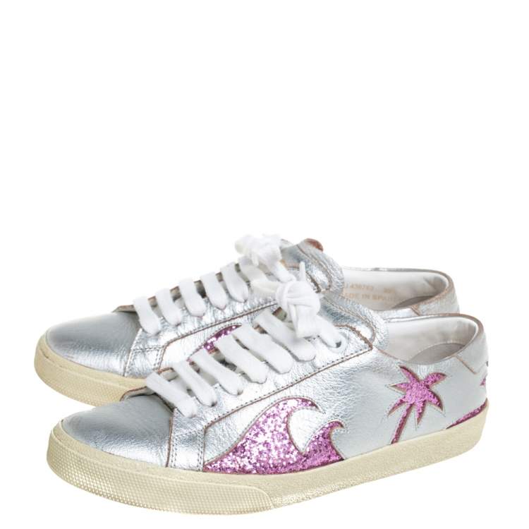Pre Owned Saint Laurent Metallic Silver/Pink Leather And Glitter Court Sneakers Size 35.5