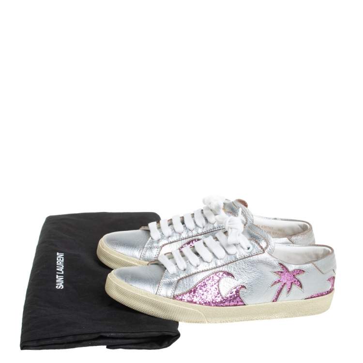 Pre Owned Saint Laurent Metallic Silver/Pink Leather And Glitter Court Sneakers Size 35.5