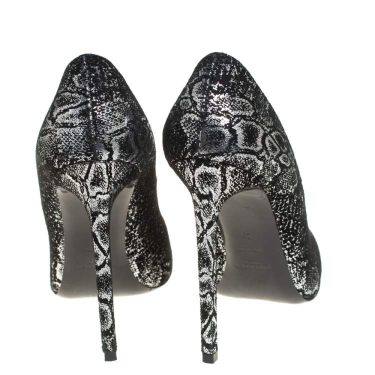 Pre Owned Saint Laurent Black/Silver Suede Foil Print Pumps Size 39