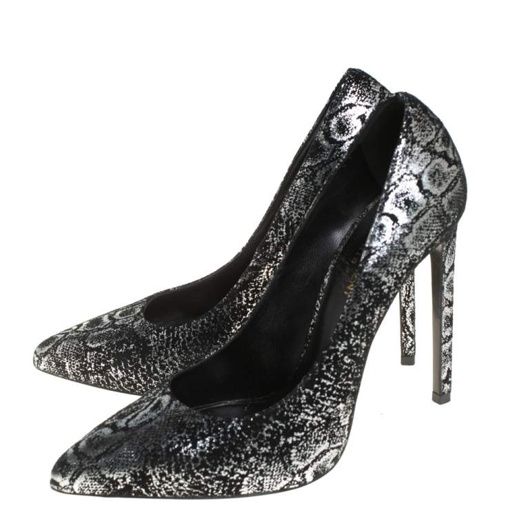 Pre Owned Saint Laurent Black/Silver Suede Foil Print Pumps Size 39