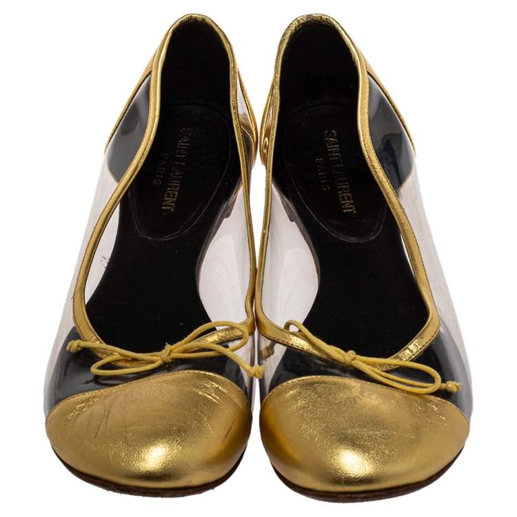 Pre Owned Saint Laurent Gold Leather And PVC Ballet Flats Size 39.5