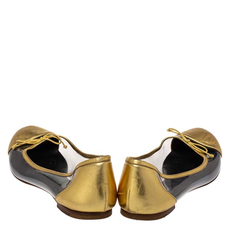 Pre Owned Saint Laurent Gold Leather And PVC Ballet Flats Size 39.5