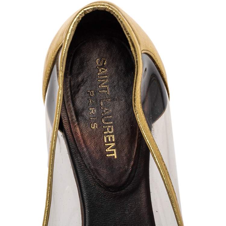 Pre Owned Saint Laurent Gold Leather And PVC Ballet Flats Size 39.5