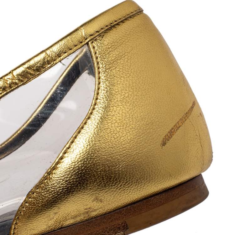 Pre Owned Saint Laurent Gold Leather And PVC Ballet Flats Size 39.5